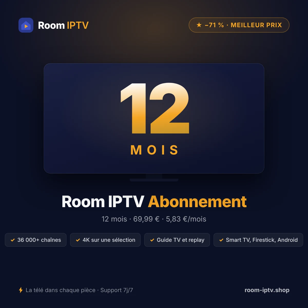Room IPTV 12 mois – abonnement IPTV 1 écran – visuel Room IPTV