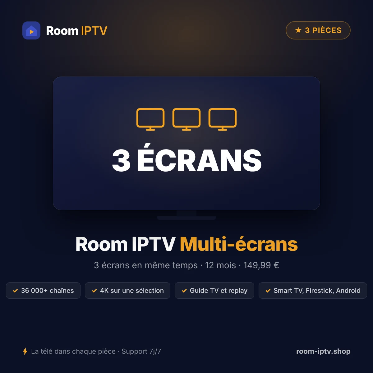 Room IPTV multi-écrans 12 mois – 3 écrans – visuel Room IPTV