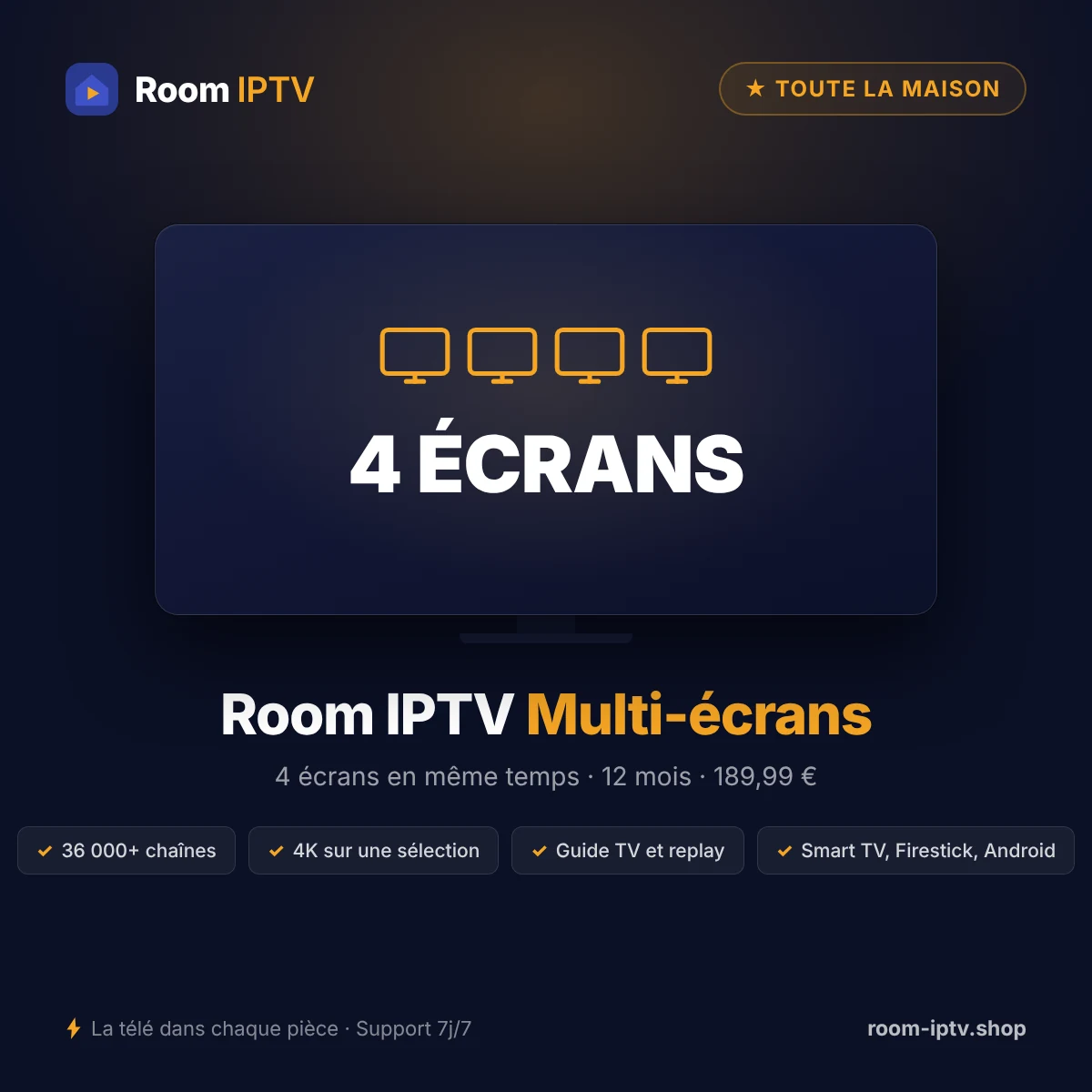 Room IPTV multi-écrans 12 mois – 4 écrans – visuel Room IPTV